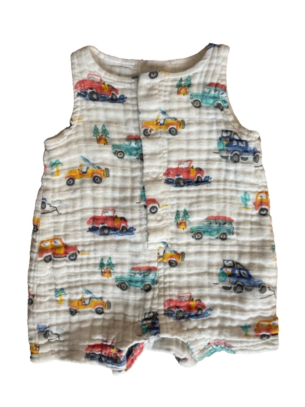 Angel Dear White Muslin One-Piece with Colorful Car Print